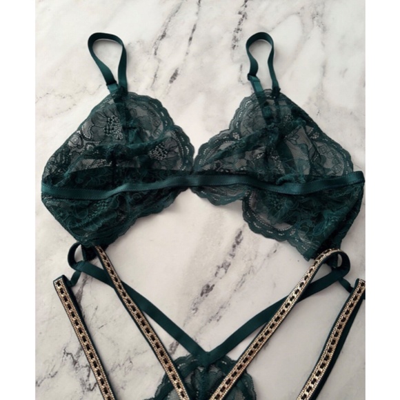 Victorias Secret Green Lace Cut Out Chain Side Strappy Bodysuit Teddy XL - Picture 3 of 6